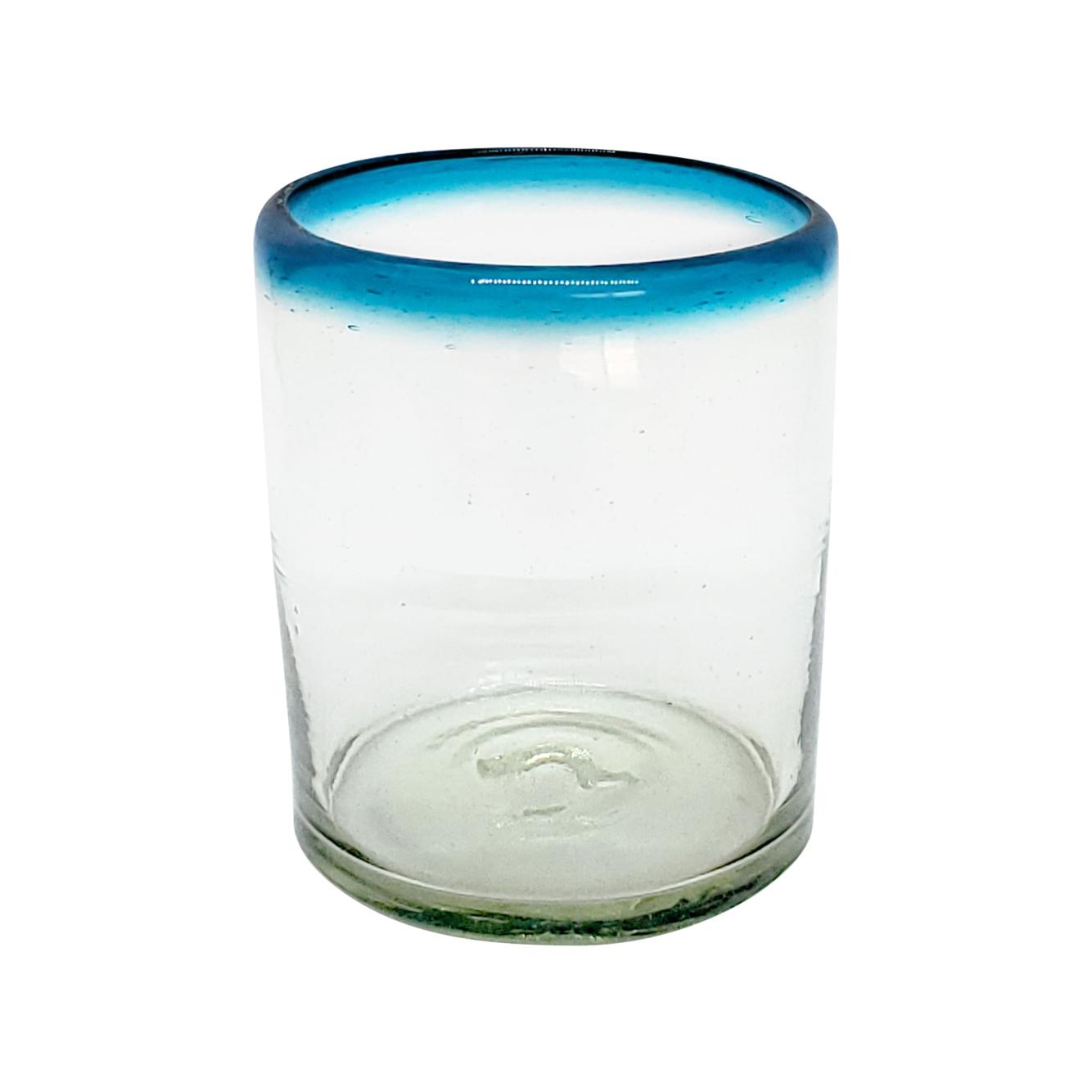 VIDRIO SOPLADO / Juego de 6 vasos chicos con borde azul aqua / stos vasos chicos son un gran complemento para su juego de jarra y vasos grandes.